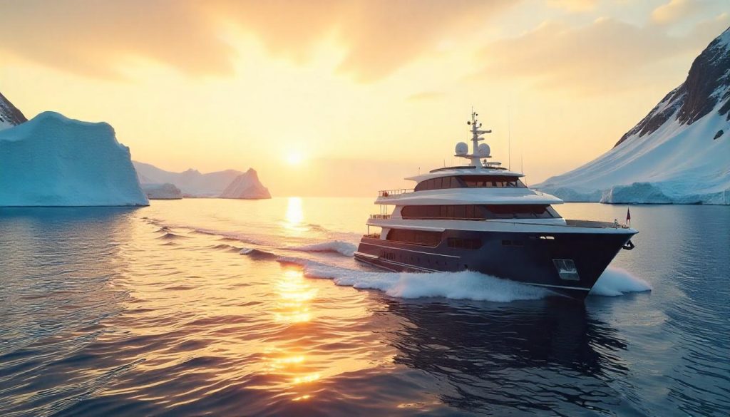 Yacht sailing in the Arctic, reflecting climate shifts in yachting areas.